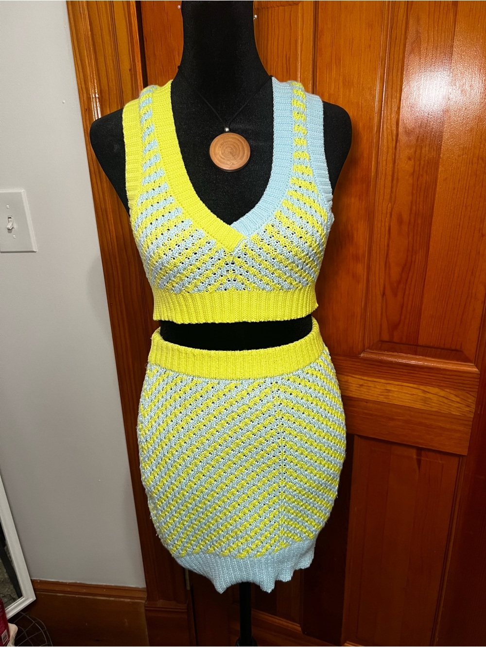 For Love & Lemons Yellow and Light Blue Knit Two-Piece Mini Skirt Set